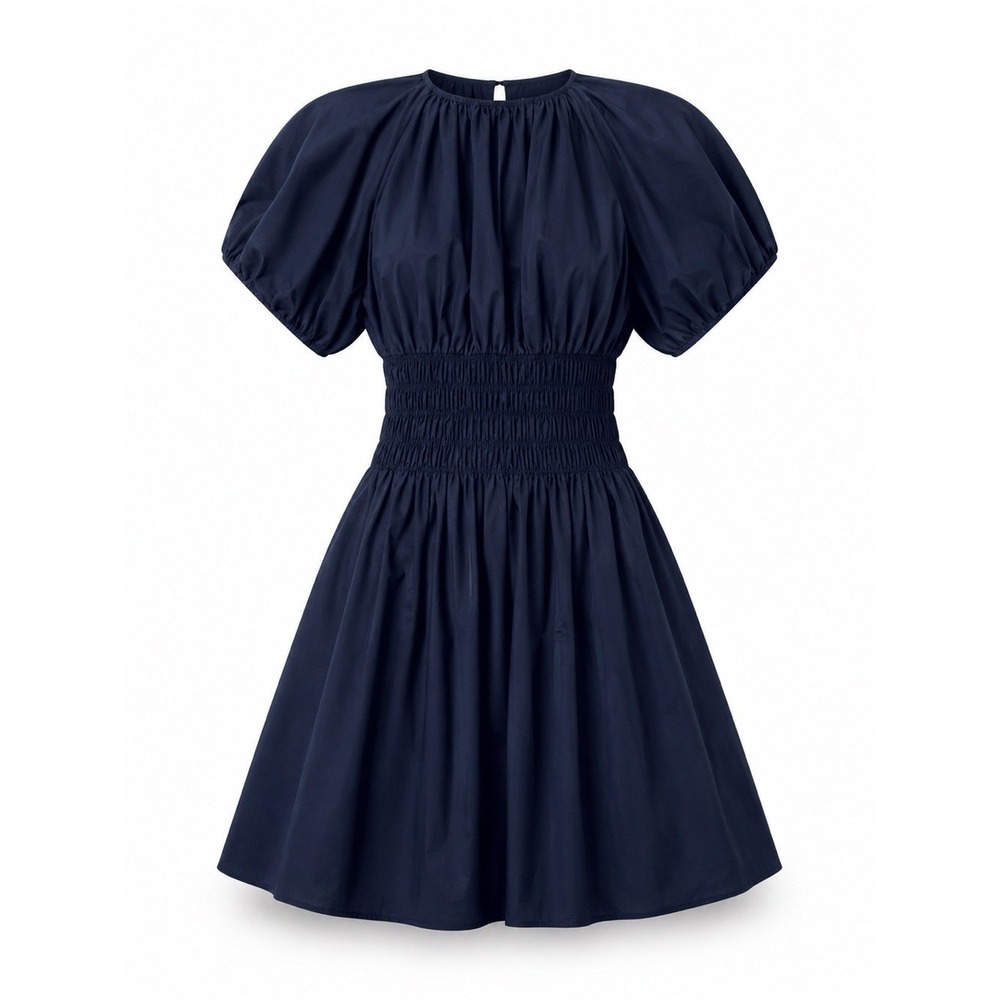 MODERN CITIZEN  Navy Blue Dress XS Smocked Waist Cotton Puff Sleeve Pocket‎ Mini